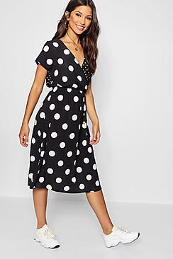 Boohoo Mixed Polka Dot Button Front Midi Dress