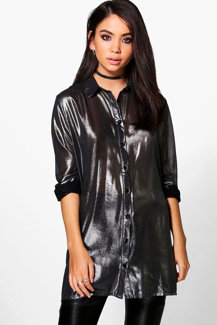 Boohoo Annie Metallic Long Line Shirt Black