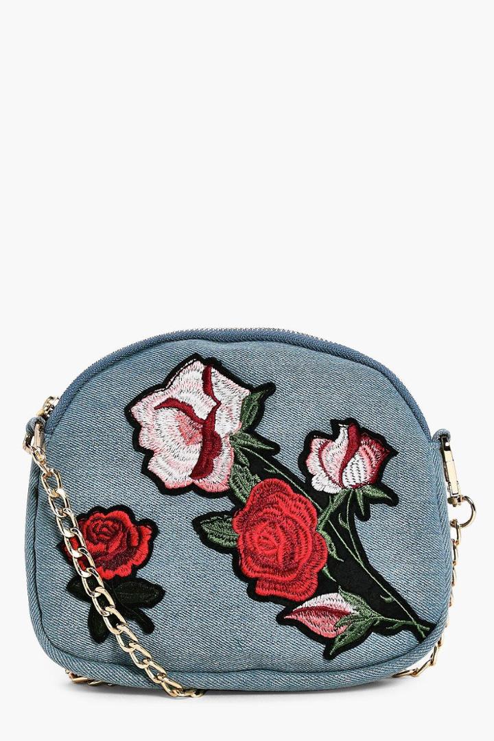 Boohoo Sofia Denim Embroidered Cross Body Bag Blue