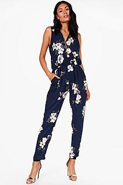 Boohoo Morgan Floral Print Wrap Front Jumpsuit