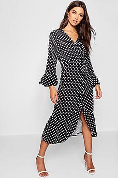 Boohoo Wrap Front Polka Dot Ruffle Hem Maxi Dress