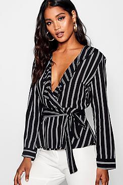 Boohoo Stripe Ruffle Detail Wrap Blouse