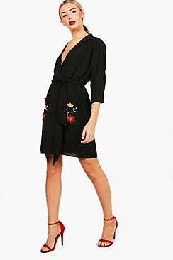 Boohoo Embroidered Tie Waist Shirt Dress