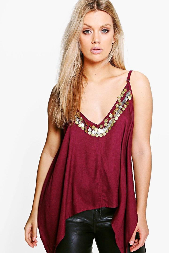 Boohoo Plus Melissa Coin Trim Cami Wine