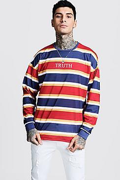 Boohoo Cuffed Stripe T-shirt With Truth Embroidery