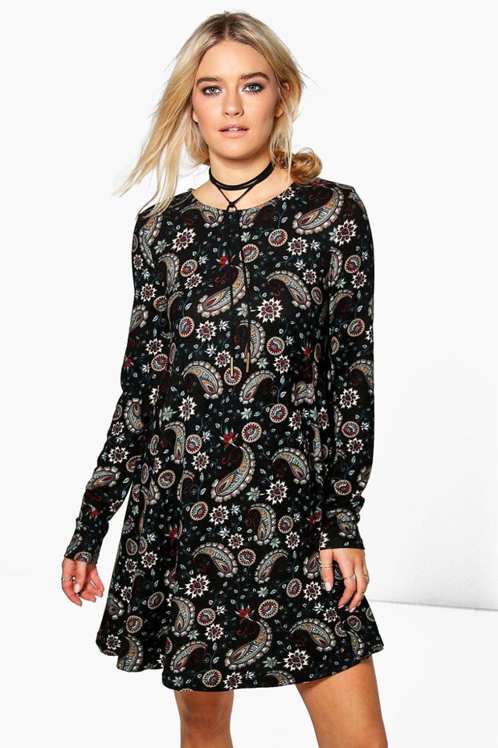 Boohoo Brea Paisley Brushed Knit Swing Dress Black