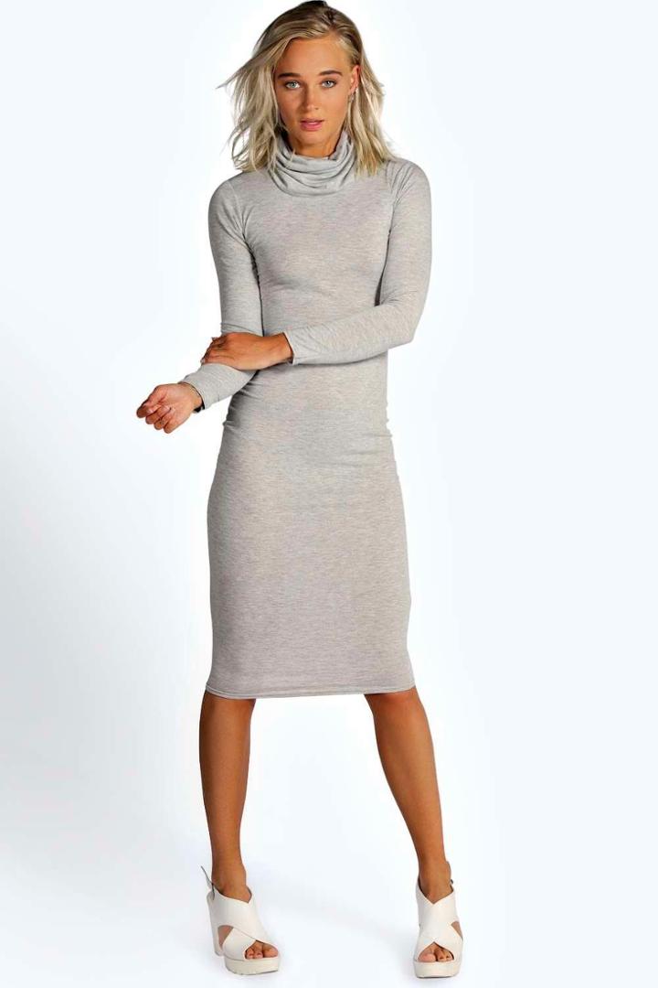 Boohoo Katie Roll Neck Long Sleeve Midi Dress Grey