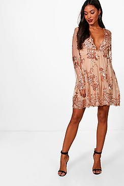 Boohoo Ellie Sequin And Mesh Long Sleeve Skater Dress