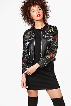 Boohoo Hannah Embroidered Studded Biker Jacket