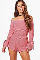 Boohoo Petite Emma Off The Shoulder Tie Sleeve Playsuit