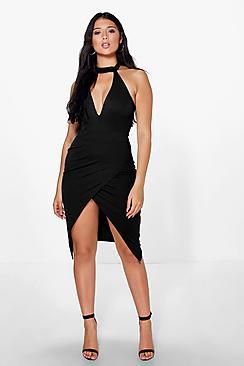 Boohoo Hanalei High Neck Tie Plunge Midi Dress