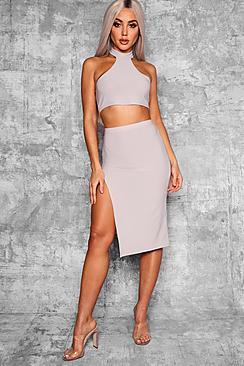 Boohoo Izzy Thigh Split High Waist Midi Skirt