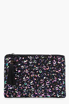 Boohoo Keira Holographic Sequin Zip Top Clutch