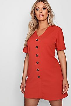 Boohoo Plus Horn Button Front V Neck Shift Dress