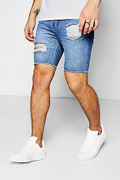 Boohoo Mid Blue Distressed Turn Up Denim Shorts