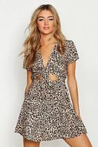Boohoo Tie Front Leopard Print Skater Dress