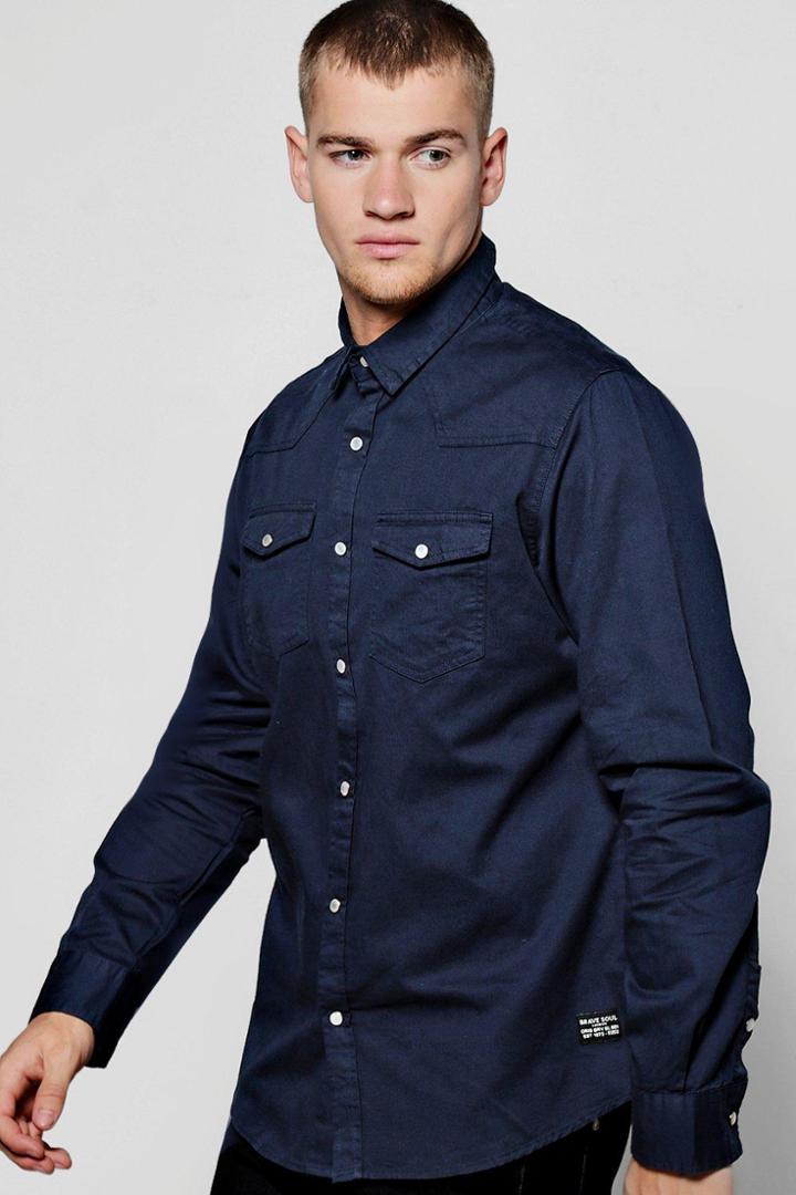 Boohoo Navy Long Sleeve Western Style Shirt Navy