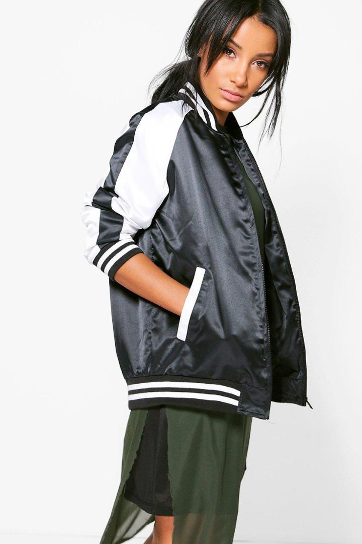 Boohoo Maisy Oversized Souvenir Satin Bomber Black