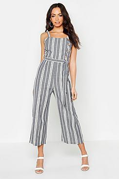 Boohoo Linen Stripe Button Side Culotte Jumpsuit