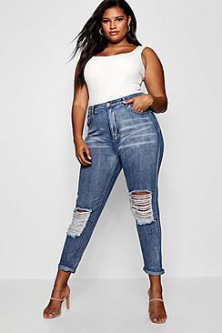 Boohoo Plus Light Blue Open Knee Mom Jean