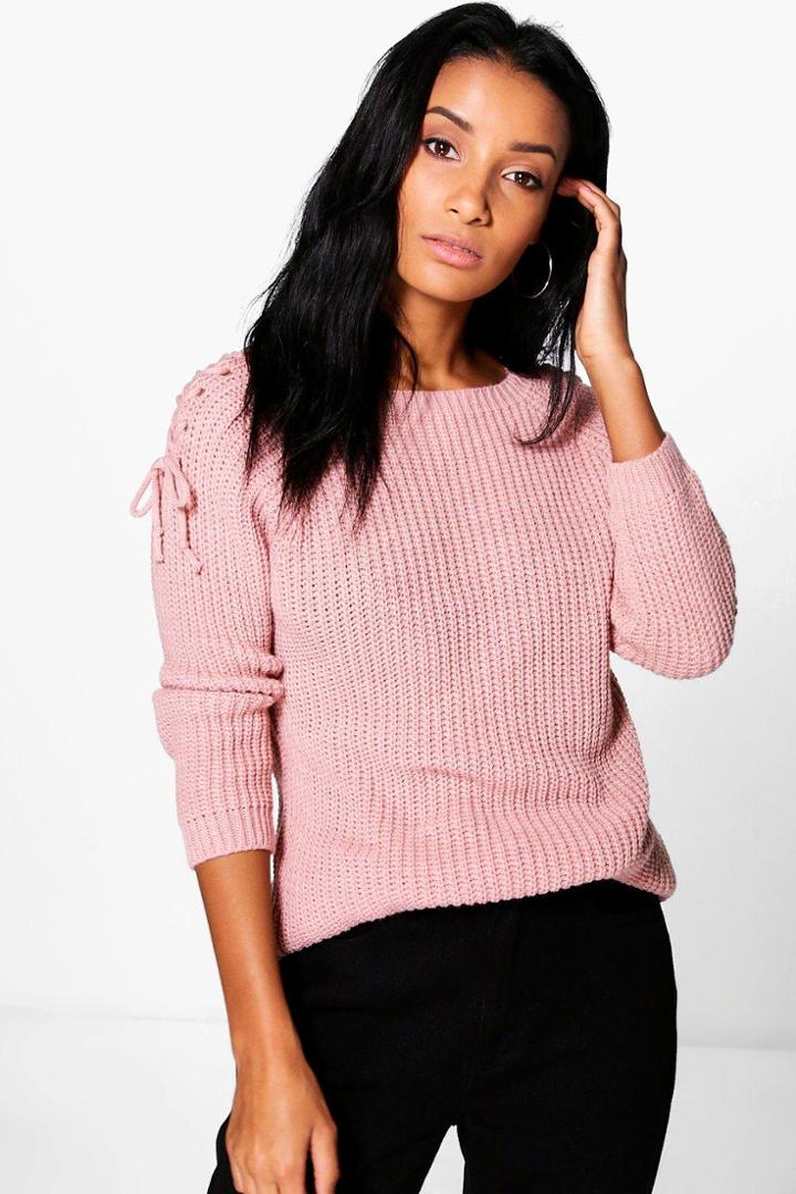 Boohoo Scarlett Lace Up Shoulder Jumper Blush