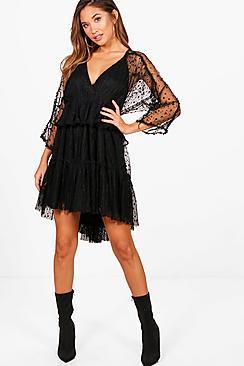 Boohoo Phoebe Dobby Spot Batwing Ruffle Dress