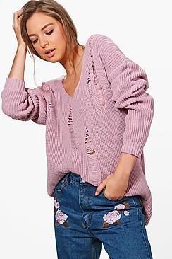 Boohoo Harriet V-neck Distressed Jumper