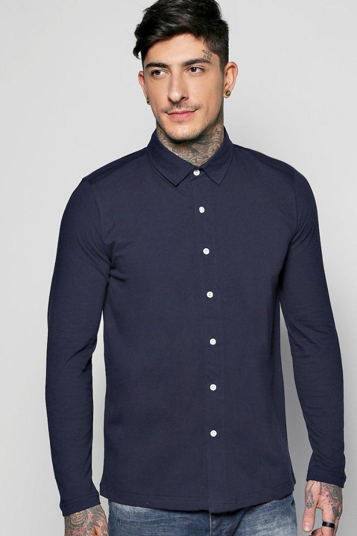 Boohoo Button Through Long Sleeve Jersey Shirt Navy