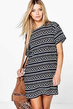 Boohoo Aisling Aztec Cap Sleeve Shift Dress