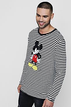 Boohoo Disney Long Sleeve Stripe Tee With Mickey Print