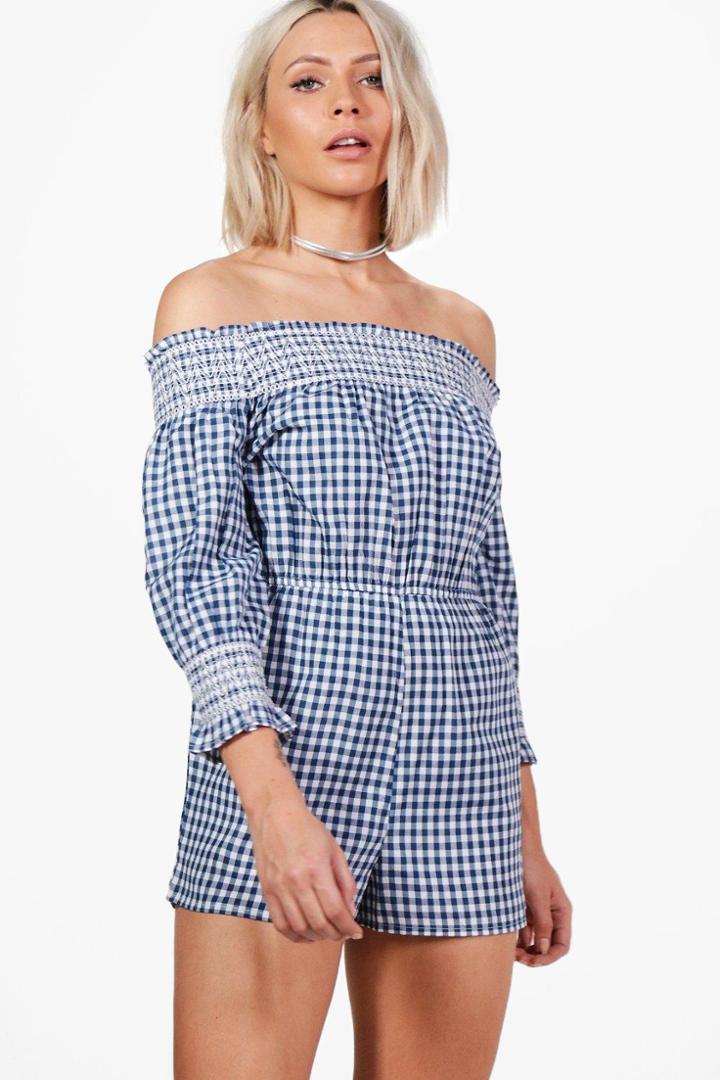 Boohoo Laura Gingham Off The Shoulder Playsuit Blue
