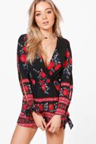 Boohoo Aimee Floral Border Flared Sleeve Playsuit Black