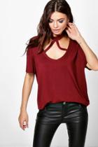 Boohoo Zoe Cross Over Choker Detail T-shirt Wine
