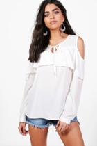 Boohoo Amber Cold Shoulder Frill Blouse White