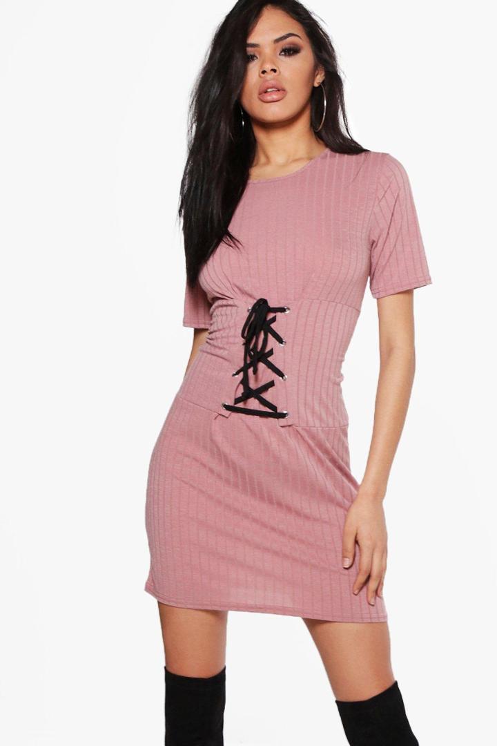 Boohoo Tia Corset T-shirt Rib Knit Dress Rose