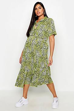 Boohoo Plus Woven Leopard Ruffle Midi Skirt