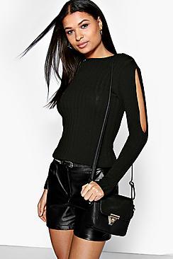 Boohoo Ellie Cold Shoulder Rib Knit Jumper