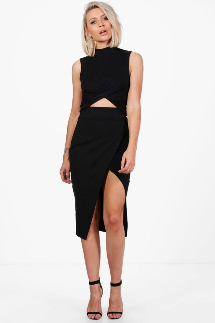 Boohoo Niamh Wrap Front High Waist Midi Skirt Black