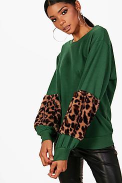 Boohoo Amerie Leopard Faux Fur Trim Sweat