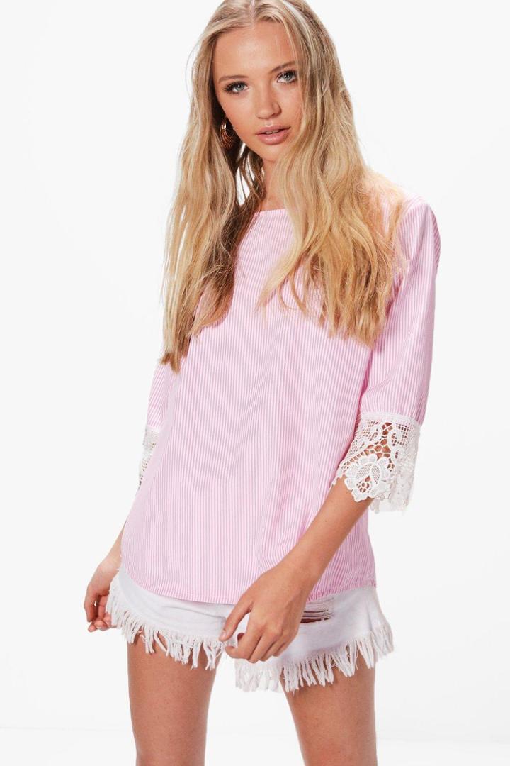 Boohoo Helena Woven Crochet Sleeve Stripe Blouse Pink
