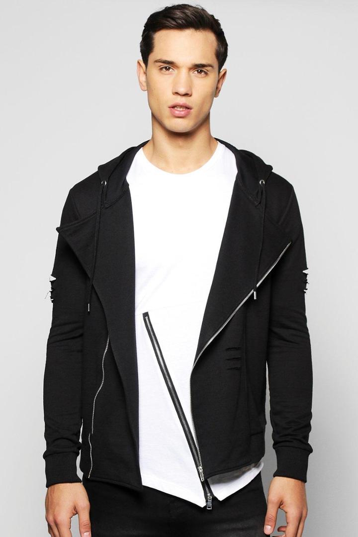 Boohoo Jersey Destressed Asymmetric Biker Jacket Black