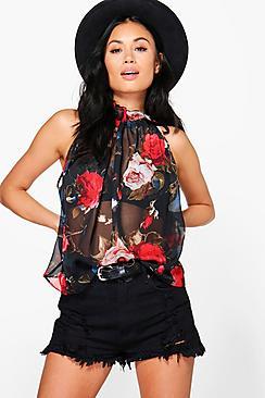 Boohoo Adrianna Rose Print Tie Neck Cami