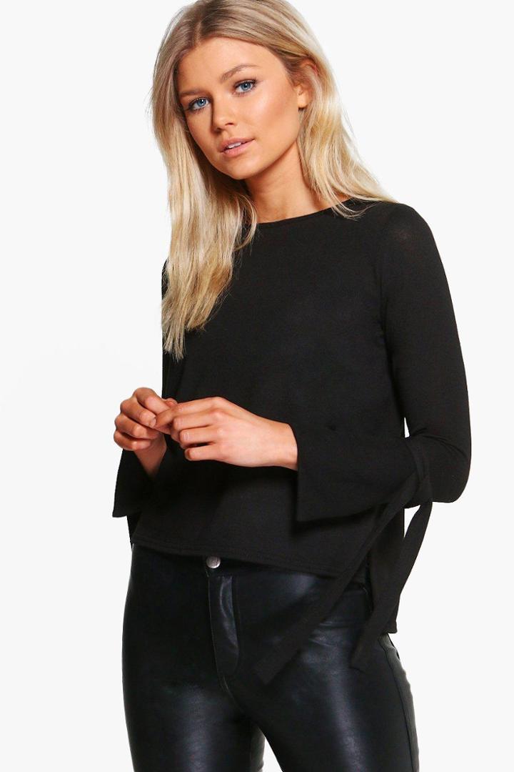 Boohoo Petite Evie Eyelet Lace Up Sleeve Jumper Black