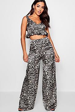 Boohoo Sophie Satin Wide Leg Tie Strap Top Co-ord