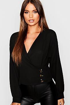 Boohoo Woven Wrap Horn Button Blouse