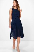 Boohoo Sybil Chiffon Double Layer Midi Skater Dress Navy