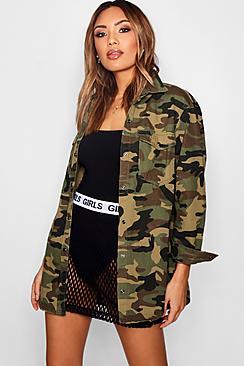 Boohoo Alice Khaki Camo Print Slim Fit Denim Shirt