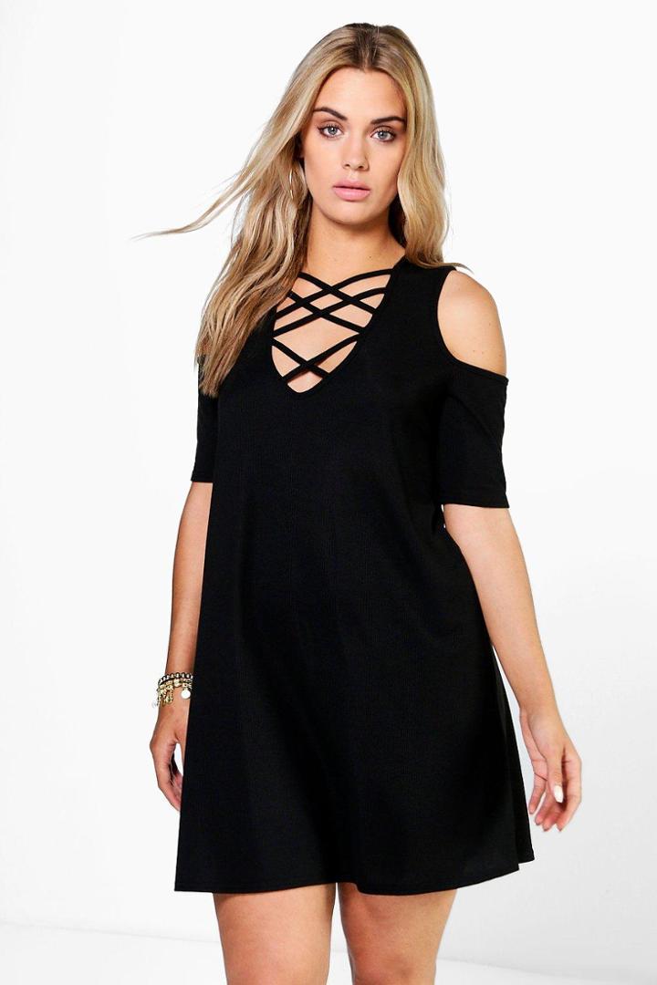 Boohoo Plus Kirsty Ribbed Cold Shoulder Dress Black