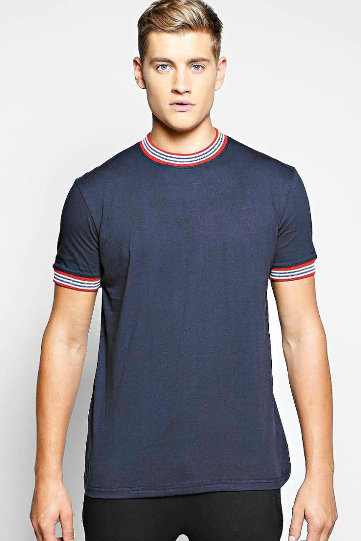 Boohoo Sports Rib Ringer T Shirt Navy