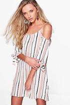 Boohoo Bekki Stripe Cold Shoulder Shift Dress